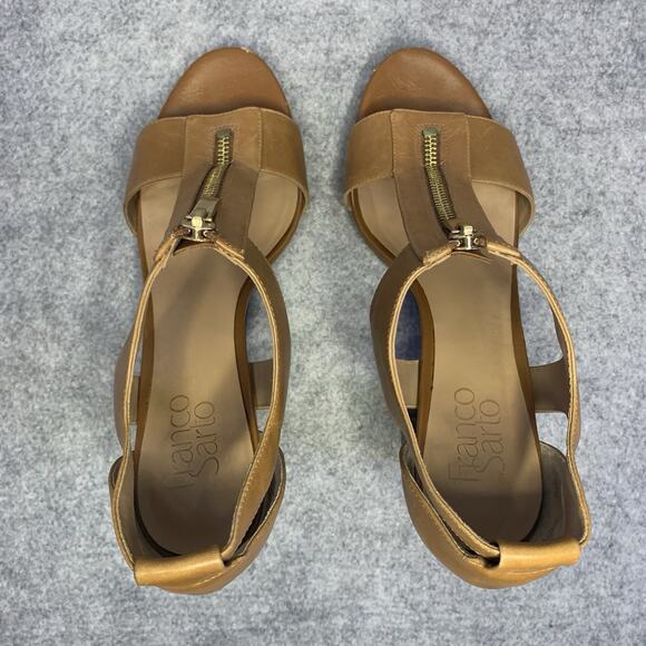 Franco Sarto Tan Leather Open Toe Zip Up Sandals, Women’s Size 8M 4” Heel - Picture 5 of 12